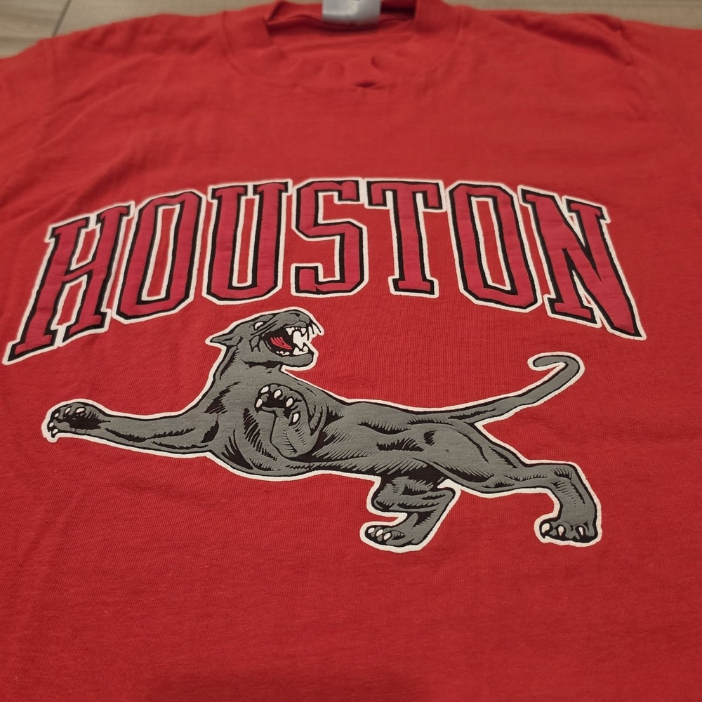VINTAGE ONEITA Mens Houston Cougars NCAA Red T-Shirt Short Sleeve M-Made In USA-